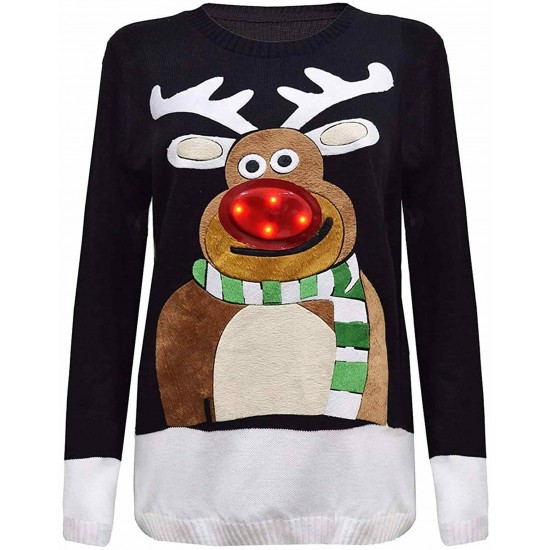 Women's LED Light Up Rudolph Jumper Reindeer Ugly Christmas Novelty Vintage Sweater Top