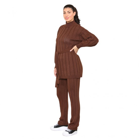 Women's High Neck Knitted Tie Wasited Jumper & Trouser Set 2pcs Suit