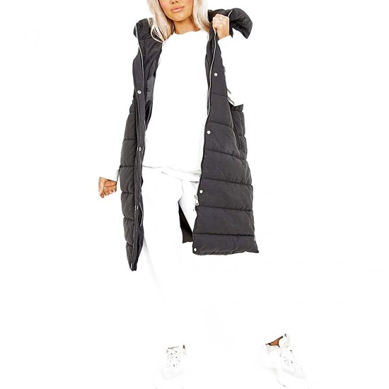 Women's Padded Gilet Jacket Longline Hooded Quilted Winter Long Coat