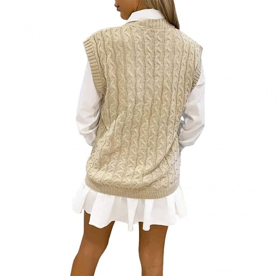 Women's Cable Knitted V Neck Sleeveless Vest Jumper Tank top Sweater