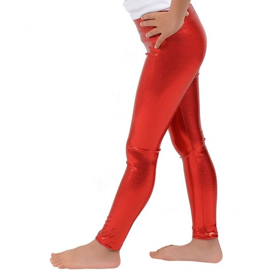 Xmarks Girls Shiny Wet Look Leggings Kids Liquid Metallic Dance Footless Tights  Pants Rose Red 5-6Y 