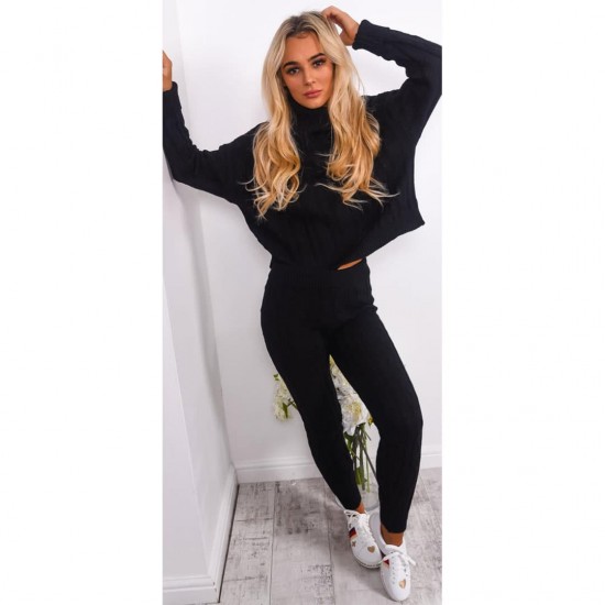 Ladies chunky cable knitted polo high neck top leggings loungewear suit set